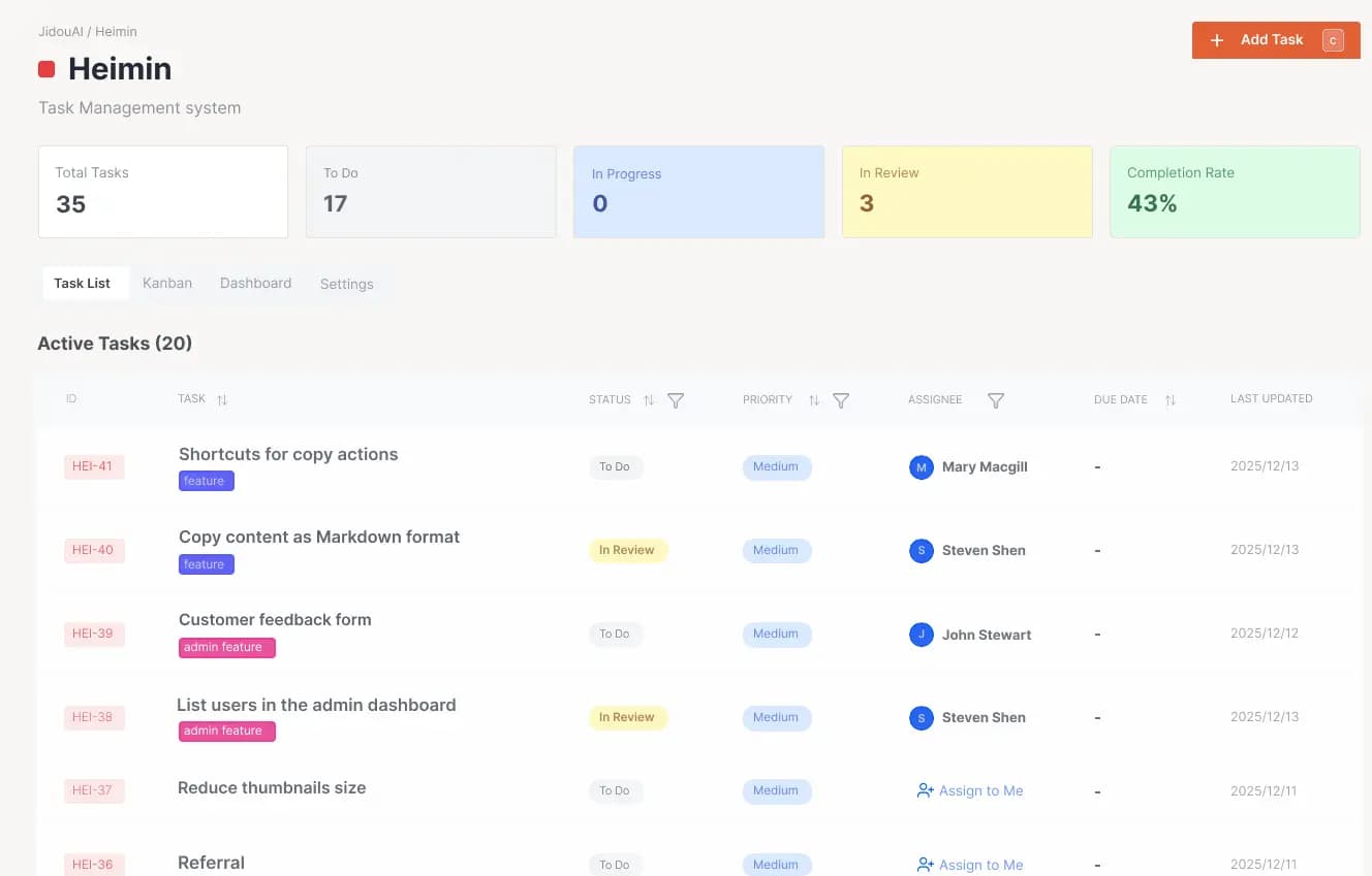 Heimin Task Management Dashboard