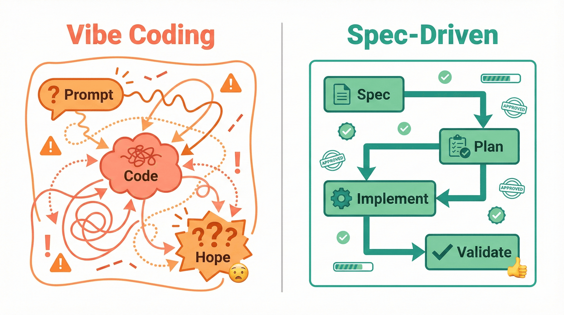 Vibe Coding（提示→程式碼→祈禱）與 Spec 驅動開發（規格→計畫→實作→驗證）的比較圖
